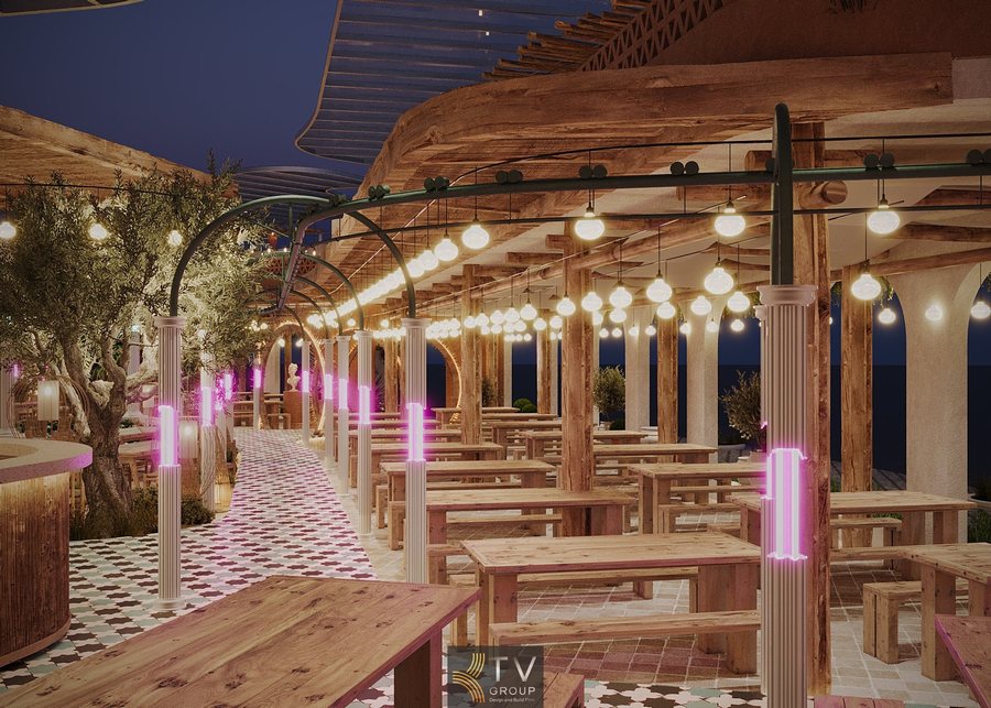 Thiết kế kiến trúc nhà hàng Food Garden. Dãy vòm, ánh sáng đèn led bao quanh mặt tiền, đường phố. 15	Ảnh 3 (Mặt Tiền)	Cảnh quan Beer Garden biển Nha Trang. Kiến trúc mở, trồng cây cọ, dễ dàng tiếp cận từ đường lớn. 