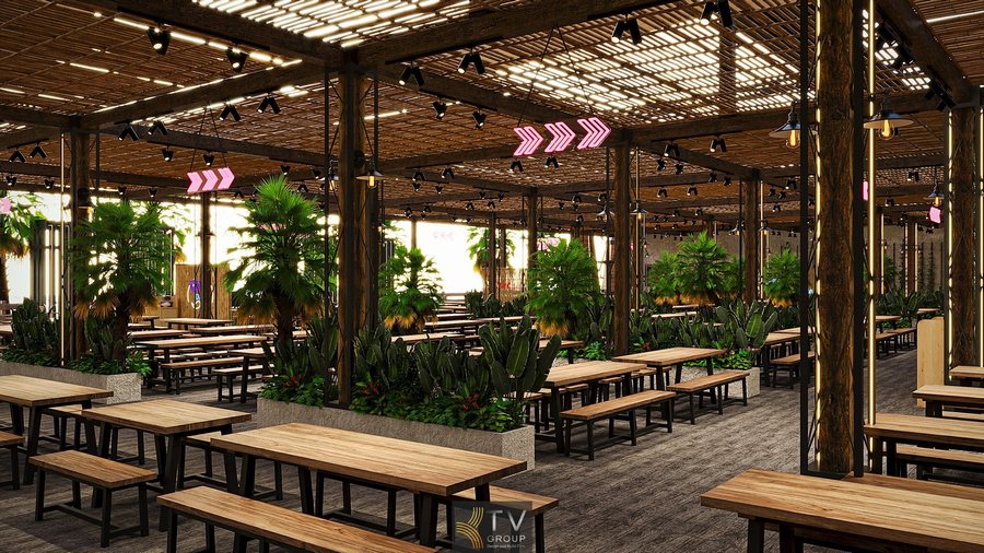Các dãy bàn gỗ chạy thẳng dưới mái tre tạo sự đồng bộ, mang lại cảm giác rộng rãi cho mô hình kinh doanh nhà hàng sân vườn. 