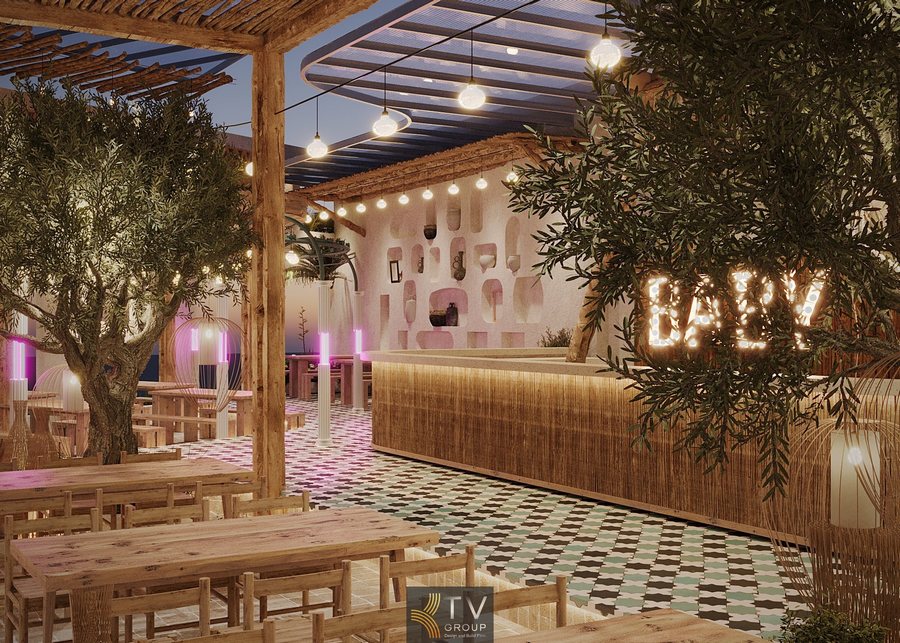 Thiết kế nhà hàng Rustic-Mediterranean. Khung gỗ chắc chắn, tông màu đất, nhấn hoa giấy tím. 