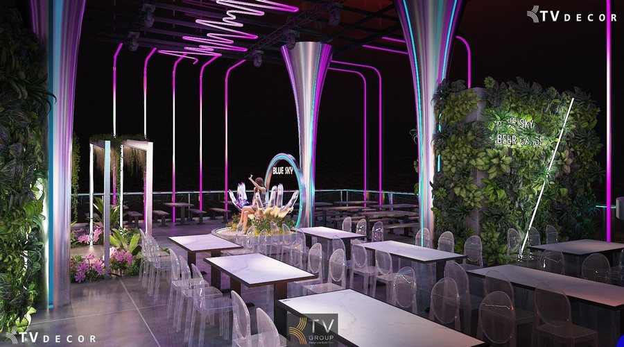 Nội thất Beer Garden phong cách tương lai với hệ đèn LED và kệ trưng bày nghệ thuật 