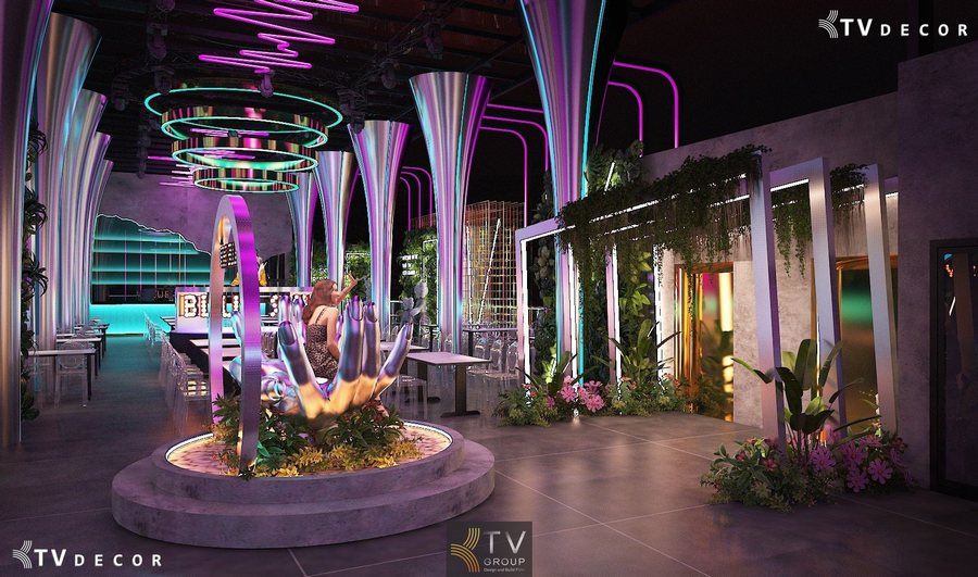 Không gian Beer Garden hiện đại với ánh sáng Neon, cột hợp kim uốn cong và điểm nhấn nghệ thuật trung tâm 