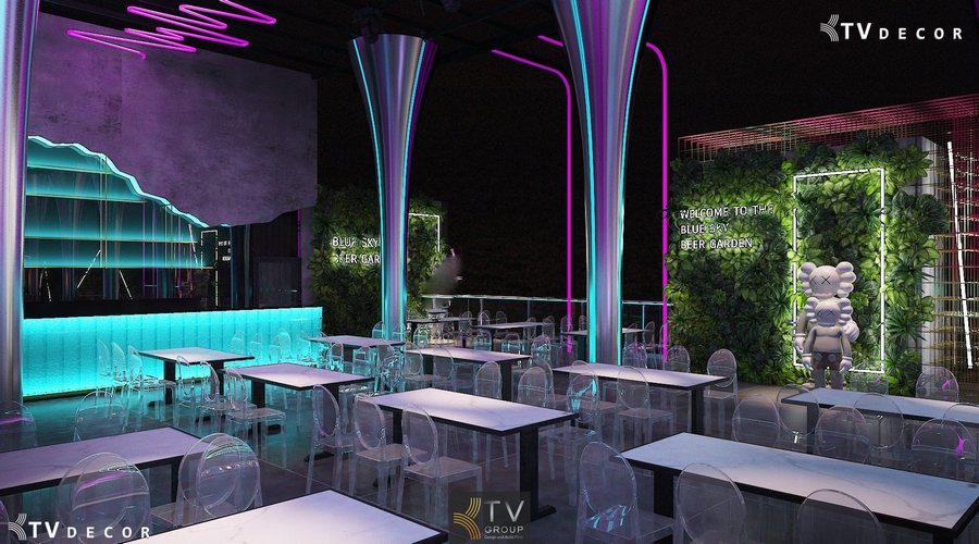Không gian quầy bar Beer Garden với hiệu ứng ánh sáng Neon và bàn ghế nhựa trong suốt 