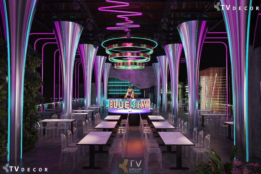 Thiết kế nội thất Beer Garden phong cách Neon Futuristic với cột kim loại, ánh sáng LED và quầy bar nổi bật 