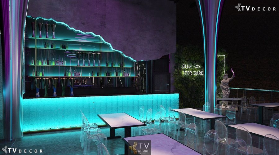 Thiết kế nội thất quán Beer Garden mang phong cách Futuristic với hiệu ứng ánh sáng đặc trưng 
