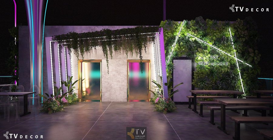 Mảng tường cây xanh phát sáng trong khu vực Beer Garden Blue Sky hiện đại 