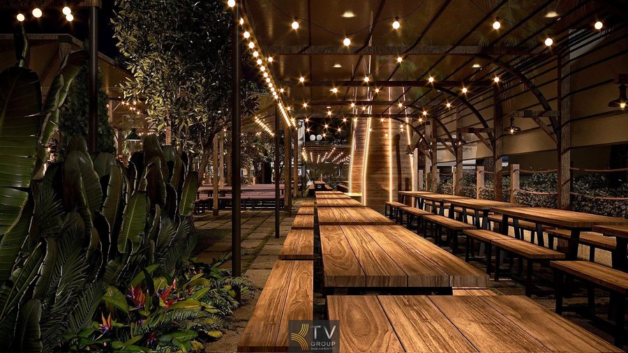 “Thiết kế ánh sáng nổi bật tạo điểm nhấn cho nhà hàng sân vườn ban đêm.”  “Bố trí bàn ghế gỗ trong không gian nhà hàng xanh và thoáng.” 