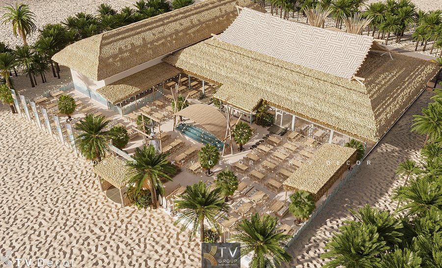Thiết kế nhà hàng hải sản ven biển Phan Thiết với mái lá tropical và không gian mở.”  “Phối cảnh 3D nhà hàng Hải Cảng Seafood phong cách resort biển hiện đại.”  “Bố trí sân vườn và bàn ghế ngoài trời trong thiết kế nhà hàng seafood Phan Thiết.”  “Kiến trúc nhà hàng mái lá view biển với hồ nước trung tâm và hàng dừa cảnh quan.” 