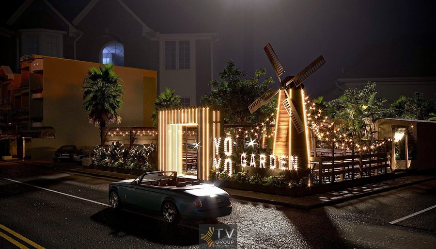 “Nhà hàng ngoài trời với ánh sáng vàng tạo cảm giác ấm cúng và thư giãn.”  “Không gian Garden Restaurant lung linh với đèn dây và cây xanh về đêm.” 1900