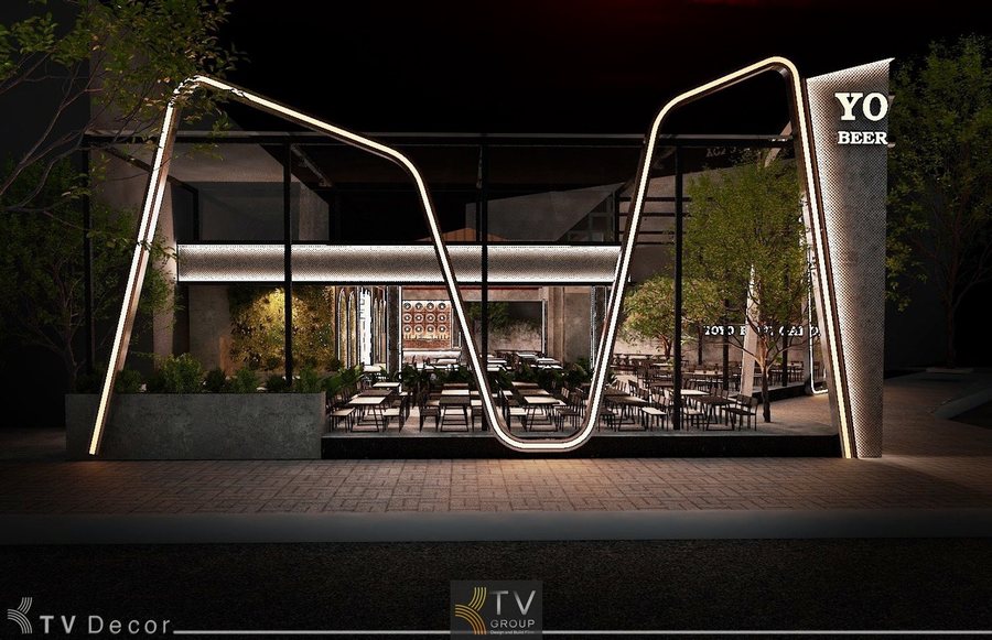 Thiết kế nội thất Beer Garden hiện đại với không gian mở và hệ thống ánh sáng nghệ thuật tại YOYO Garden Hồ Con Rùa 