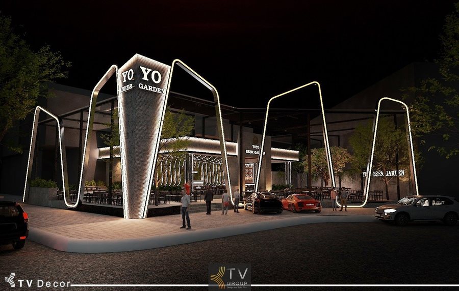 Thiết kế thi công YOYO Beer Garden mang phong cách hiện đại, kết hợp vật liệu bền vững và ánh sáng LED tạo không khí trẻ trung năng động. 