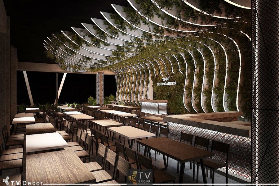 Hệ thống ánh sáng YOYO Beer Garden thiết kế theo phong cách nghệ thuật, tạo chiều sâu không gian và tăng trải nghiệm khi khách thưởng thức ẩm thực. 