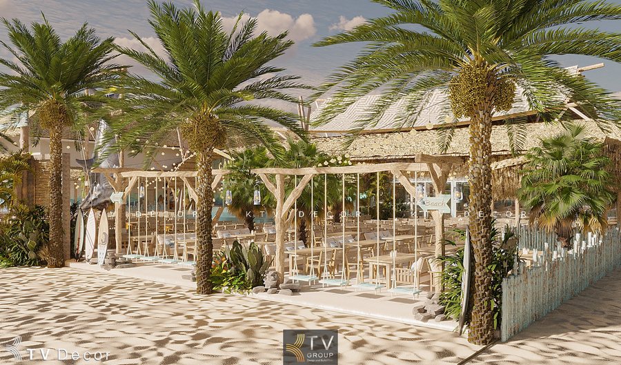 Thiết kế nhà hàng Hải Cảng Seafood Phan Thiết với mái lá tự nhiên và không gian mở ven biển 