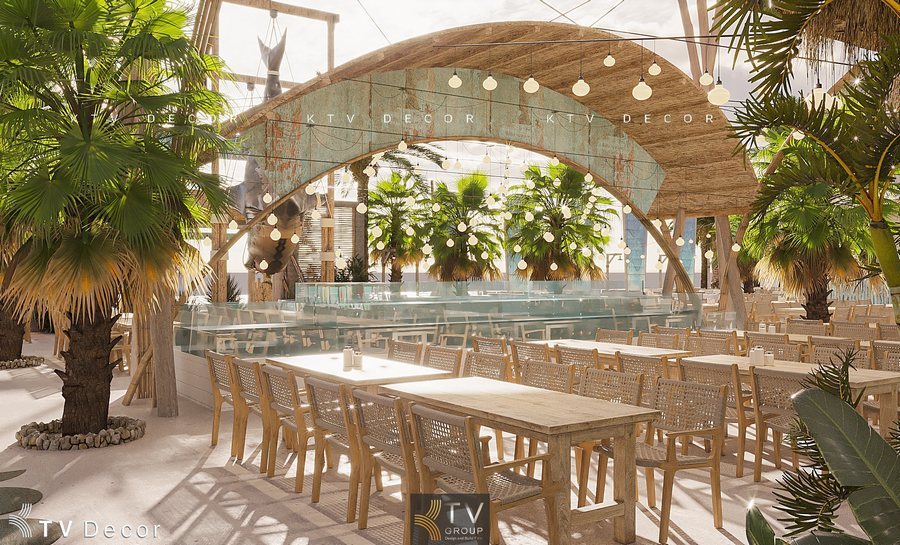 “Phối cảnh resort biển của nhà hàng hải sản với khu bàn ngoài trời và hàng dừa xanh.”  “Mẫu kiến trúc mái lá truyền thống cho nhà hàng seafood phong cách tropical hiện đại.” 
