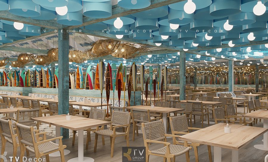 “Thiết kế nhà hàng ven biển Phan Thiết với hồ nước trung tâm và không gian ăn uống rộng rãi.”  “Không gian nhà hàng hải sản với vách kính bao quanh và tầm nhìn hướng biển thoáng đãng.” 