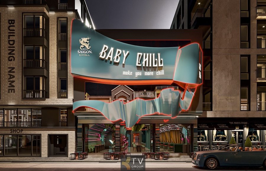 Không gian Beer Garden nội thất ánh sáng tím xanh tạo điểm nhấn thị giác cuốn hút dành cho mô hình giải trí đêm 