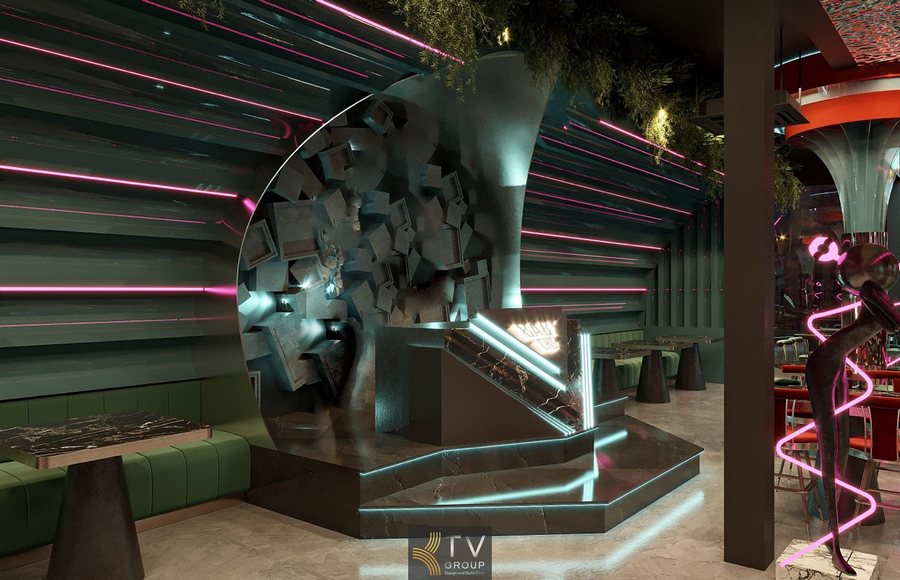 Thiết kế không gian đêm Beer Garden với gam tím xanh tạo cảm giác chill và thư giãn  Bố trí quầy bar rộng giúp tối ưu quy trình pha chế và giảm thời gian chờ của khách 