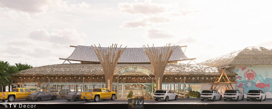 “Thiết kế khu vực cổng chào nhà hàng với mái lá và điểm nhấn tre nứa nghệ thuật.”  “Không gian resort tropical của nhà hàng seafood với ánh sáng tự nhiên và mái lá cong.” 