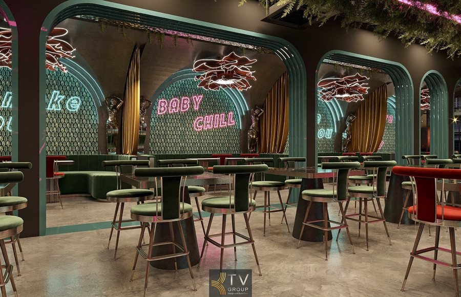 Nội thất Lounge Beer Garden phong cách tương lai với ánh sáng LED chạy line toàn diện 