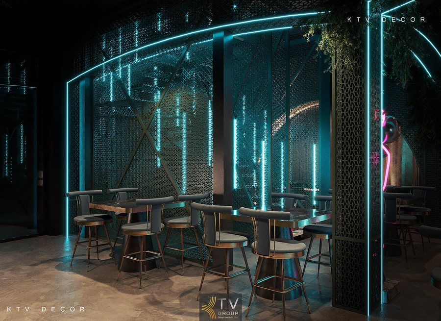 "Thiết kế nhà hàng phong cách Lounge Beer Garden hiện đại"  alt="Không gian Beer Garden kết hợp lounge với đèn LED neon ấn tượng"  alt="Thi công nội thất nhà hàng đèn line ánh sáng xanh hồng"  alt="Bàn ghế đá đen và khu vực cầu thang ánh sáng nghệ thuật"  alt="Thiết kế thi công nhà hàng xu hướng nightlife 2025 2026" 