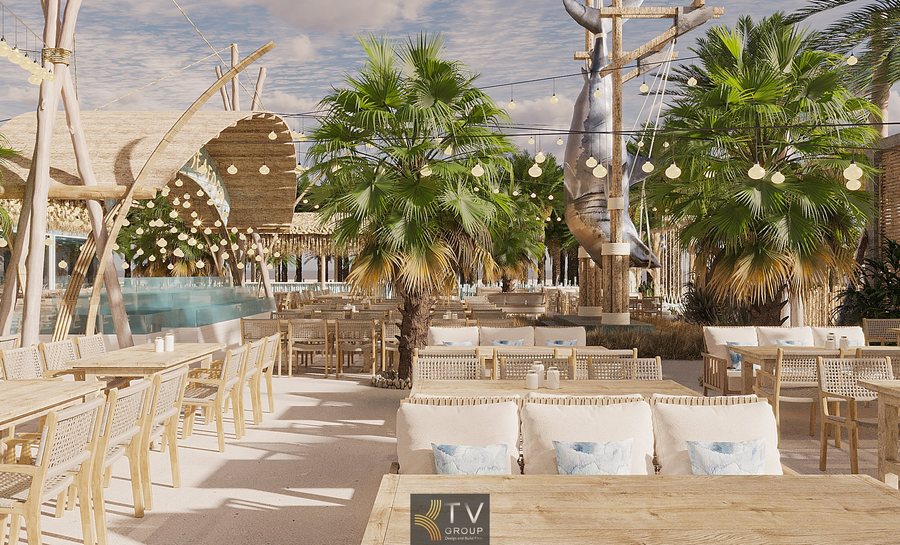 “Mẫu thiết kế nhà hàng ven biển với không gian nghỉ dưỡng và cảnh quan dừa xanh mát.”  “Bãi đậu xe rộng rãi trước nhà hàng Hải Cảng với kiến trúc mái lá nổi bật.” 