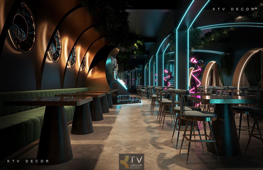 Dự án thi công Lounge Beer Garden hiện đại sử dụng vật liệu bền vững, đèn LED tuyến tính và trang trí kim loại tạo điểm nhấn mạnh mẽ cho không gian. 