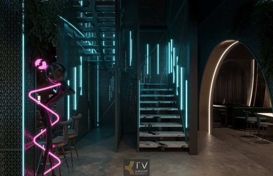 Không gian lounge kết hợp Beer Garden với nghệ thuật ánh sáng và bàn ghế tối màu mang đến cảm giác sang trọng, phù hợp khách trẻ và khách doanh nghiệp. 