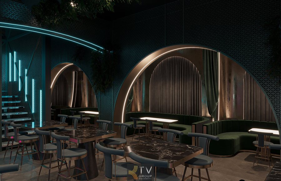 Thiết kế ánh sáng tuyến tính chạy dọc vách thép, tạo không gian Beer Garden đậm chất nightlife, phù hợp các mô hình giải trí và thư giãn buổi tối. 