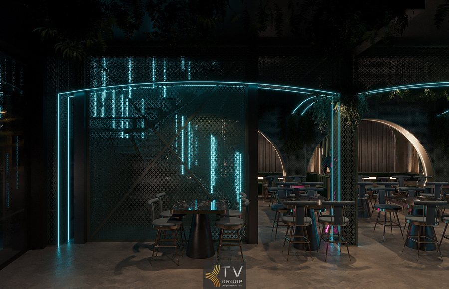 Bố trí bàn ghế tối màu kết hợp bàn đá đen cho nhà hàng Lounge Beer Garden, giúp không gian chuyên nghiệp, sang trọng và tối ưu hiệu quả vận hành. 