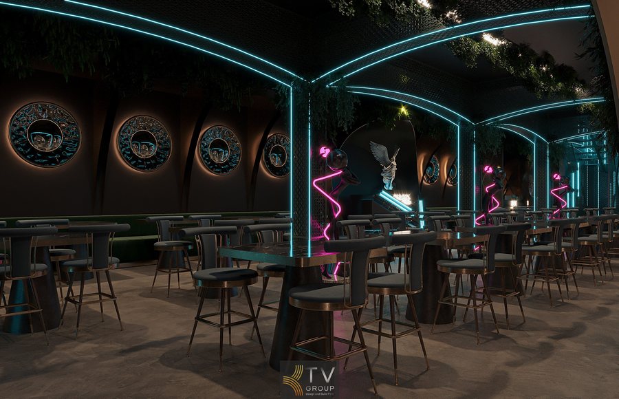 Thiết kế khu vực trung tâm nhà hàng với đèn neon nghệ thuật, ánh sáng LED xanh tạo phong cách năng động và phù hợp mô hình Beer Garden hiện đại. 