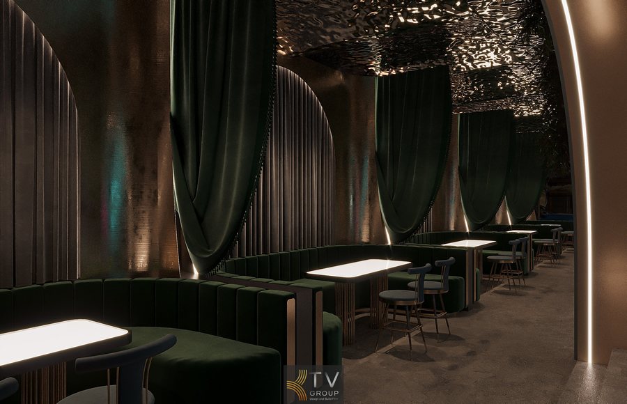 Không gian Beer Garden cao cấp với tông màu tối, ánh sáng ambient và đường nét kim loại tạo nên sự cá tính và khác biệt trong thiết kế nội thất. 