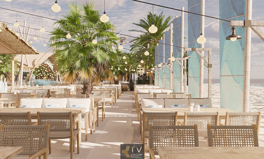 “Không gian kính mở trong nhà hàng seafood giúp đón gió biển và ánh sáng tự nhiên.”  “Thiết kế nhà hàng resort biển Phan Thiết với chất liệu tre nứa thân thiện môi trường.”  “Phối cảnh tổng thể kiến trúc nhà hàng hải sản diện tích lớn tại bãi biển Phan Thiết.” 