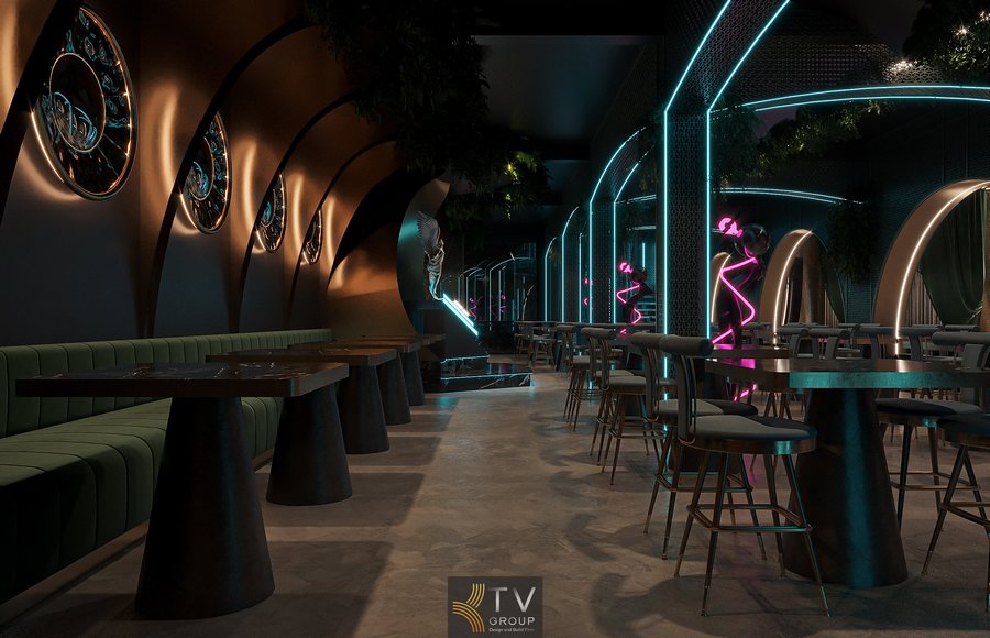 Nhà hàng Lounge Beer Garden với đèn neon chạy line mạnh mẽ, không gian tối màu sang trọng phù hợp với mô hình F&B xu hướng 2025–2026. 