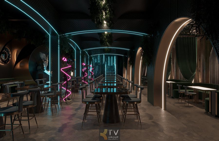 Thiết kế không gian seating thoáng, ghế bọc da xám và bàn đá đen mang lại tổng thể sang trọng, phù hợp mô hình Beer Garden chi phí tối ưu. 