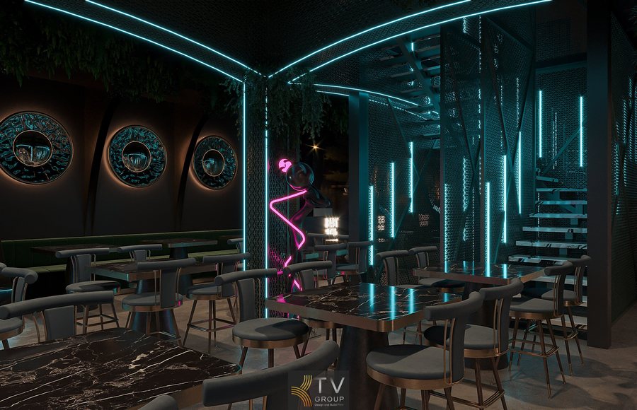 Thiết kế thi công nhà hàng Beer Garden theo xu hướng nightlife, sử dụng ánh sáng LED dài dọc tường và trần giúp tăng chiều sâu và tính thẩm mỹ. 