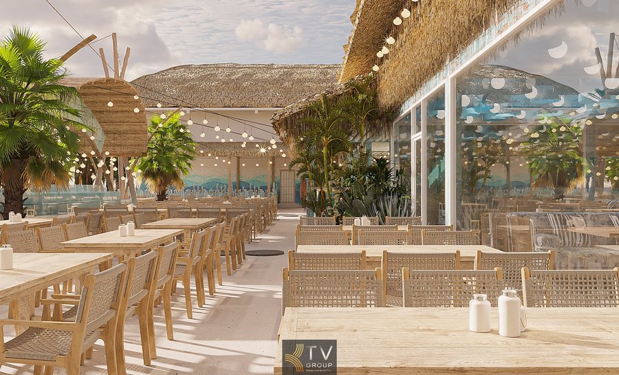 “Thiết kế nhà hàng Hải Cảng với lối đi cảnh quan dừa và khu seating mở rộng.” 