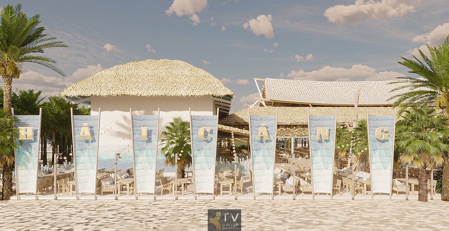 “Khu trang trí surfboard và tiểu cảnh biển trong thiết kế nhà hàng hải sản.” 