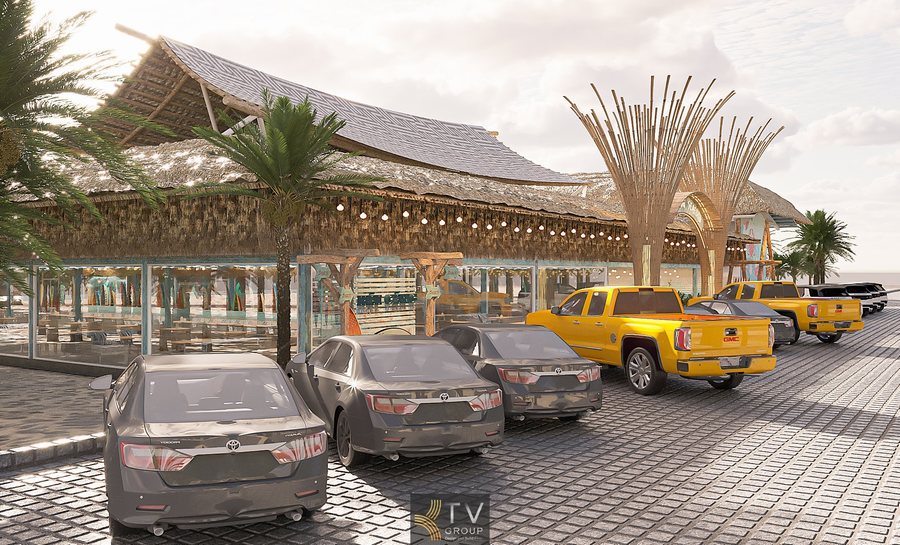 “Không gian resort ven biển với kiến trúc mái lá đặc trưng và bố cục mở thoáng.” 