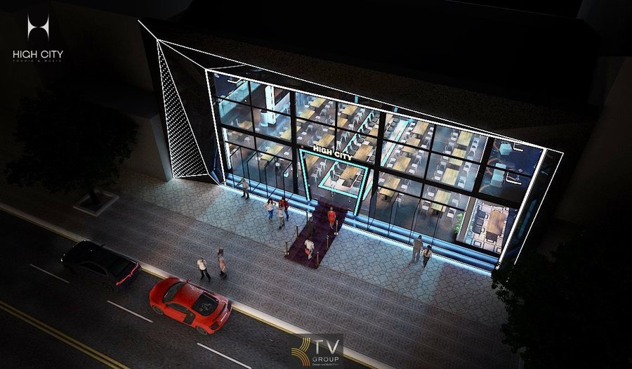 Nhà hàng Beer Food Garden nổi bật với mặt kính 2 tầng, đèn LED viền và không gian nội thất hiện đại thu hút ánh nhìn ngay từ xa. 