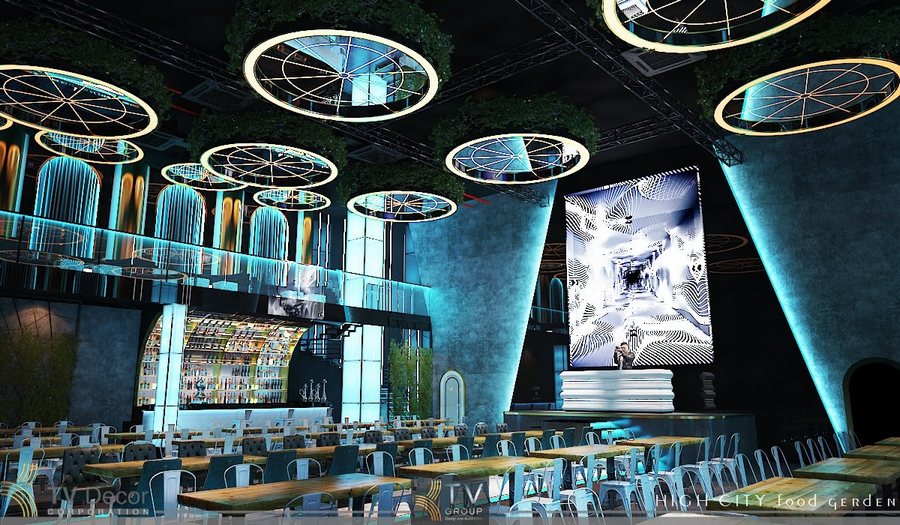 thiết kế beer food garden, thi công beer food garden, thiết kế nhà hàng hiện đại, thiết kế sân khấu LED, beer garden phong cách trẻ, thiết kế thi công nhà hàng, nội thất nhà hàng beer 