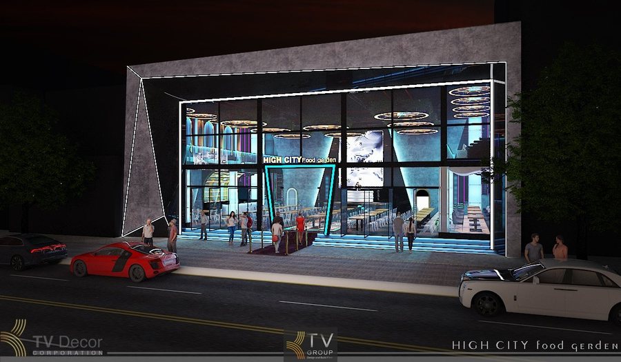 Điểm Nhấn Nổi Bật Trong Thiết Kế  Sân khấu LED cỡ lớn với hiệu ứng hiện đại, phù hợp chương trình biểu diễn – DJ – sự kiện.  Hệ thống vòng đèn trần nghệ thuật, tạo nhận diện độc đáo và sang trọng.  Hai khối tường nghiêng tạo không gian đặc trưng và hiệu ứng chiều sâu mạnh mẽ.  Bố trí bàn ghế công nghiệp số lượng lớn, tối ưu diện tích nhưng vẫn giữ lối đi thông thoáng.  Tầng lửng kính mở rộng không gian, tăng sức chứa và mang cảm giác hiện đại, cao cấp.  Tone màu xanh ánh sáng + kim loại tạo khí chất năng động, rất hợp với Beer Garden trẻ trung. 