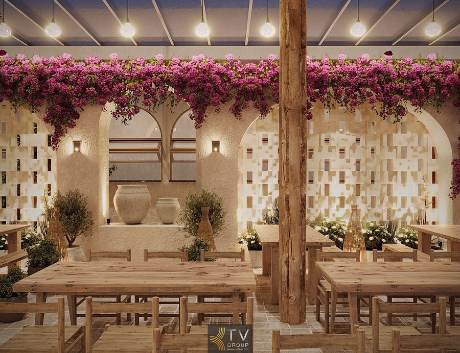 Không gian Beer Garden ngoại thất. Lối đi mái vòm gỗ, cột trụ neon nổi bật, bàn ghế gỗ thô. 