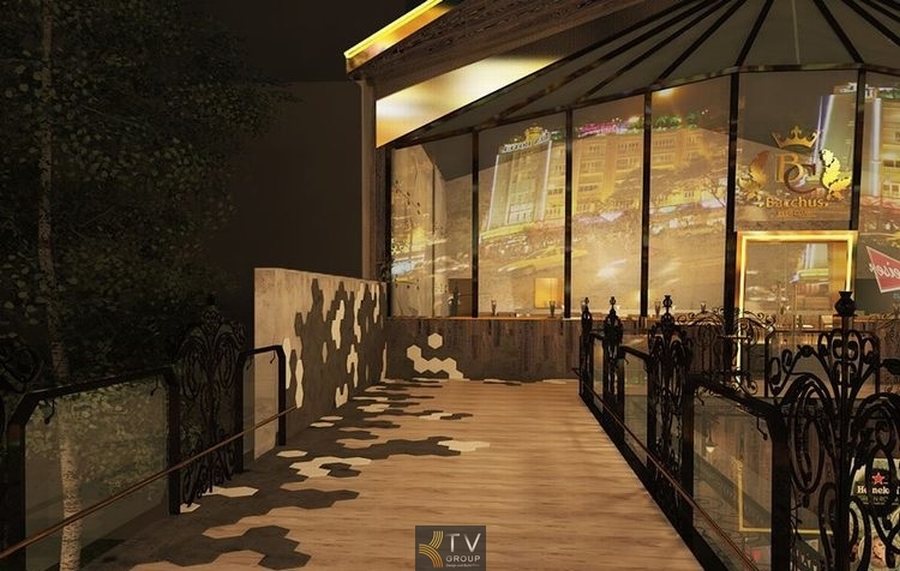 Beer Garden thiết kế tối ưu chi phí với không gian mở, mái kính hiện đại và ánh sáng vàng tạo trải nghiệm nổi bật cho giới trẻ.