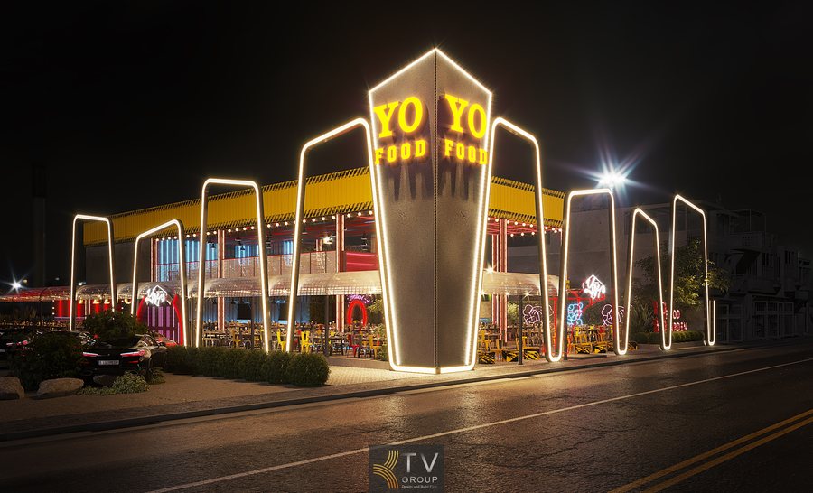 Thiết kế mặt tiền nhà hàng Beer Food Garden với đèn LED nổi bật ban đêm 