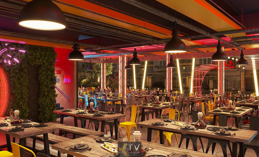 Nhà hàng Beer Garden với sân khấu nhạc sống và đèn LED rực rỡ.  Không gian ăn uống đậm chất đường phố hiện đại trong nhà hàng. 