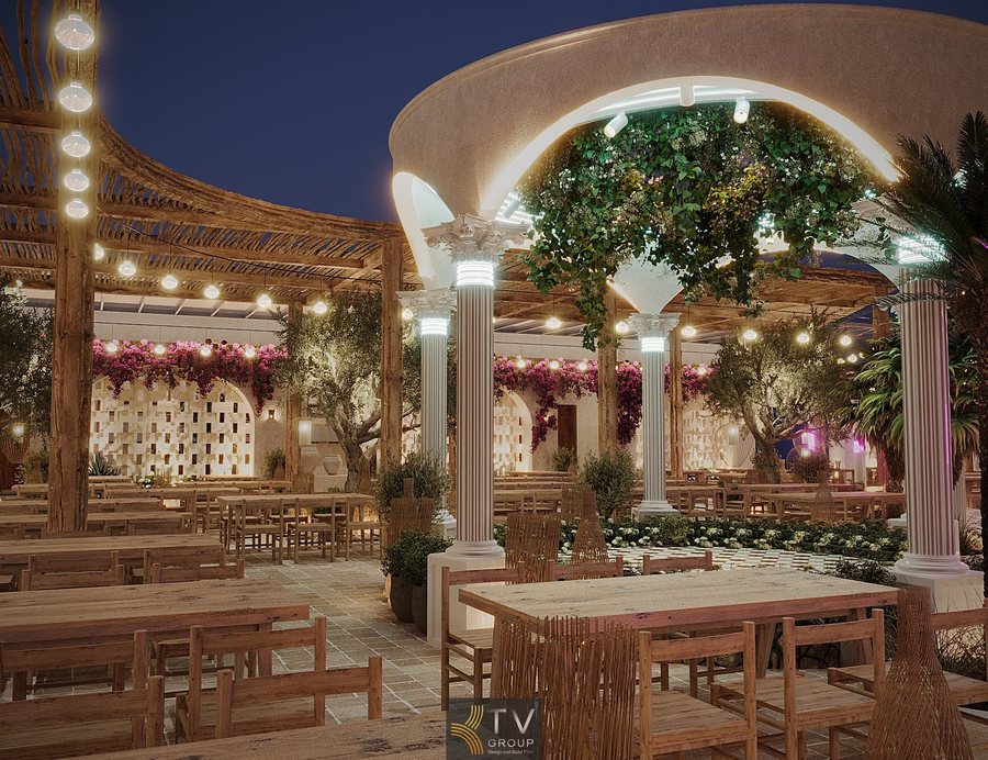 Beer Garden Nha Trang ban đêm thu hút. Kiến trúc Địa Trung Hải, ánh sáng ấm, hoa giấy, cây dừa. 