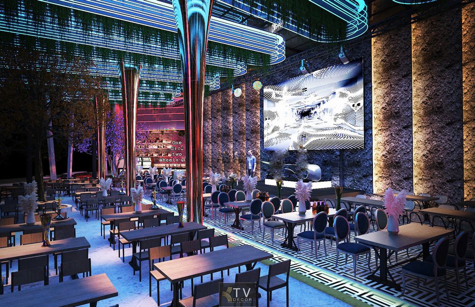 Thiết kế nội thất Beer Garden với cây xanh và ánh sáng đa sắc.  Hệ cột LED cao kết hợp trần xanh tạo chiều sâu cho Beer Garden.  Không gian Beer Garden sang trọng với ánh sáng LED bao phủ toàn bộ. 
