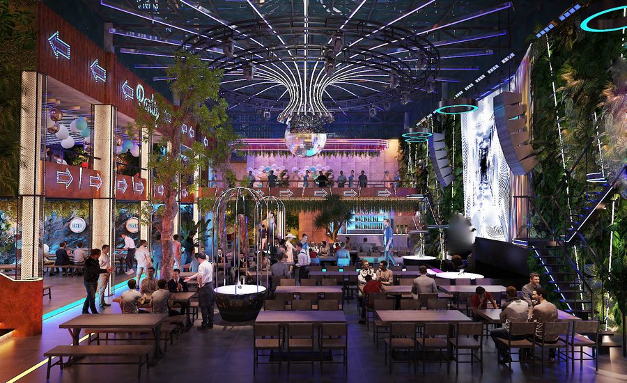 Không gian Lounge Bar sử dụng màu sắc tương phản, ánh sáng ambiance và bố trí sofa cao cấp tạo điểm nhấn thu hút khách. 