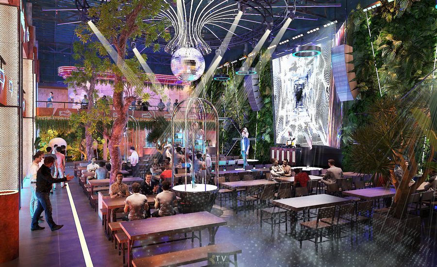 Beer Garden phong cách nhiệt đới với cây xanh, gỗ và ánh sáng vàng tạo cảm giác thư giãn.  Mặt bằng Beer Garden rộng thoáng, bố trí bàn ghế khoa học tối ưu doanh thu giờ cao điểm. 