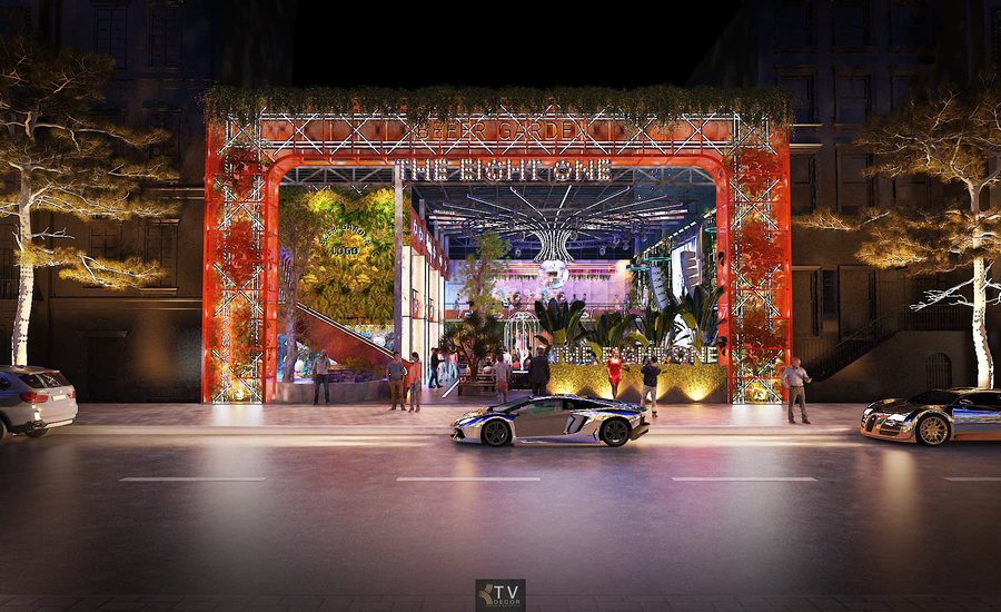 alt="Thiết kế mặt tiền Beer Garden đẹp, hiện đại với ánh sáng LED, cây xanh và không gian mở thu hút khách" 