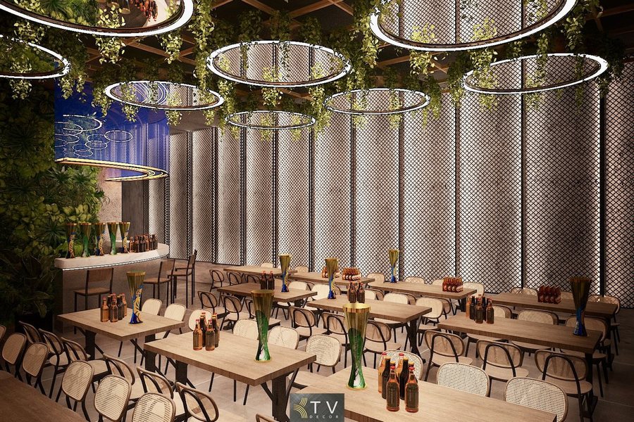 Thiết kế thi công nhà hàng Ốc Thúy phong cách hiện đại với đèn LED và mảng xanh treo trần 